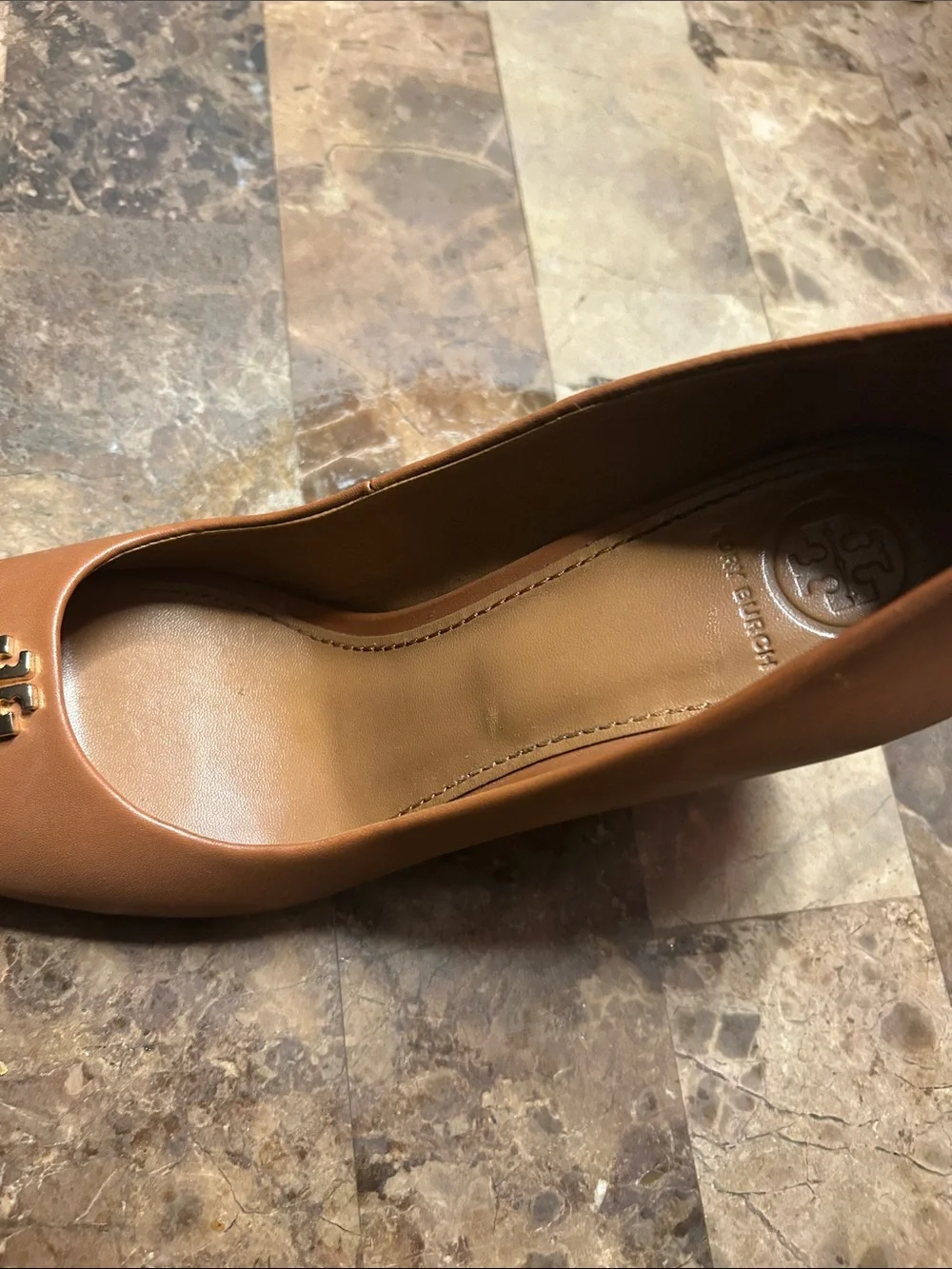 Tory Burch Tan Leather Peep-Toe Heel with Logo Accent